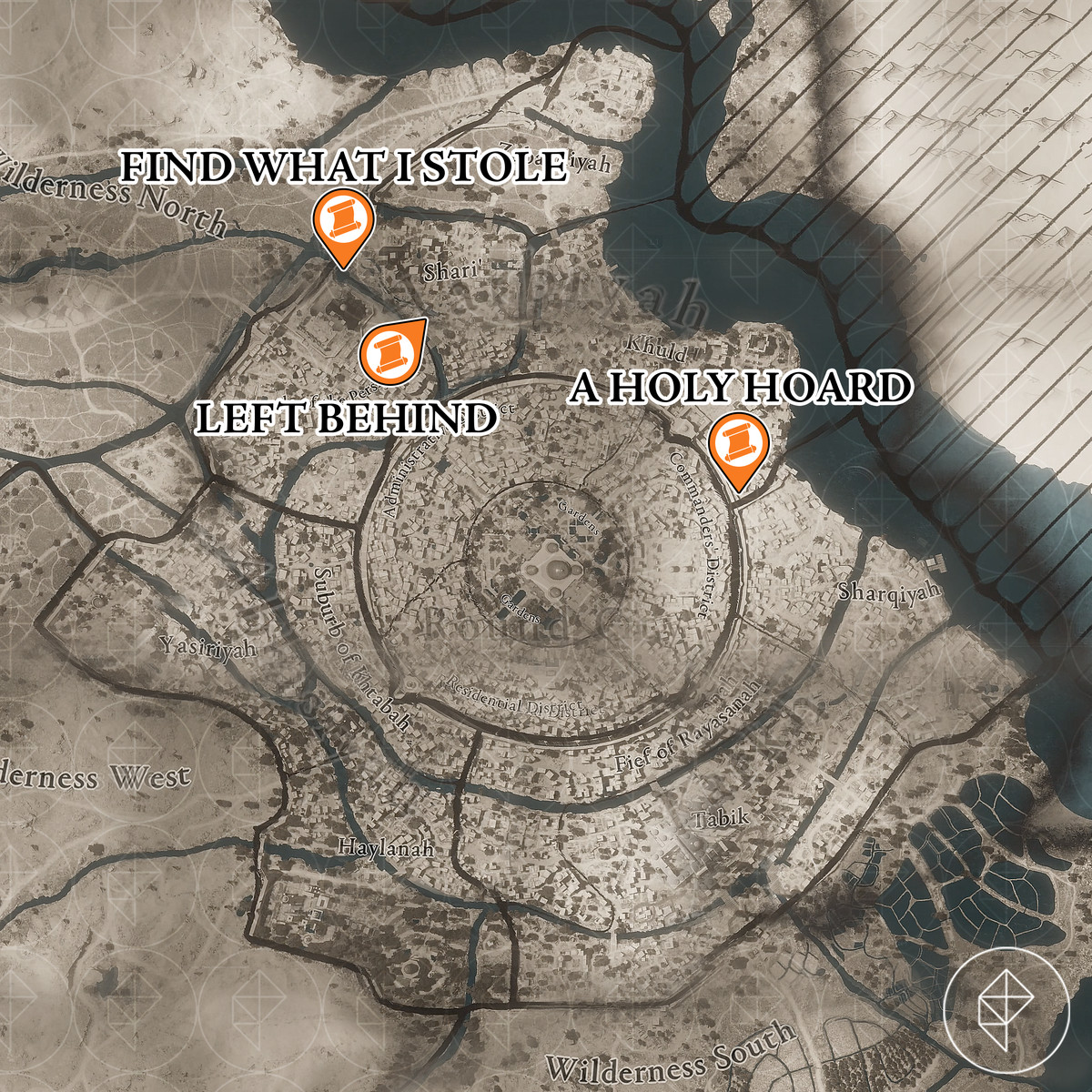 Assassin’s Creed Mirage map with Harbiyah Enigma and treasure marked