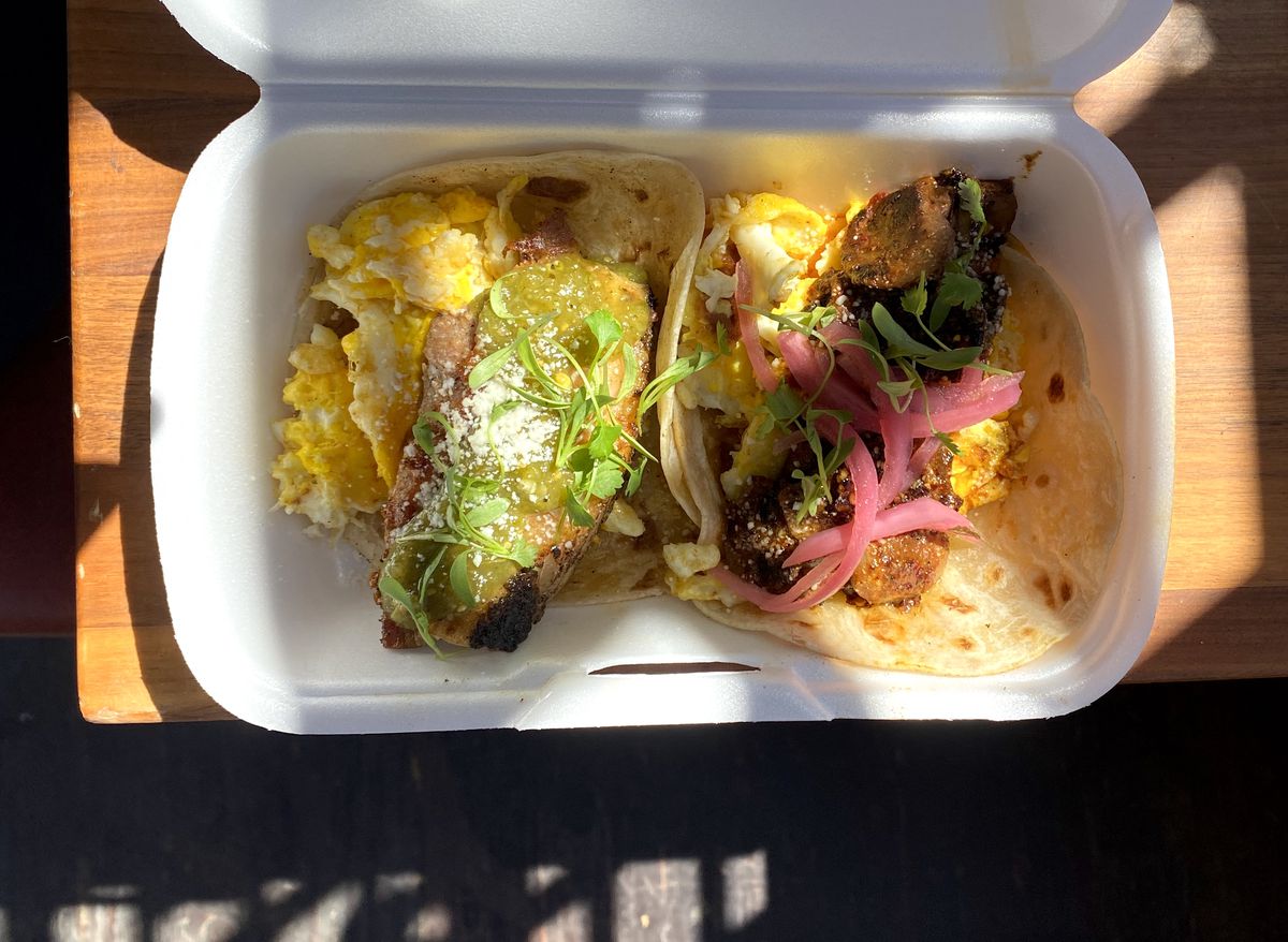 Breakfast tacos at Macheen in Boyle Heights. 