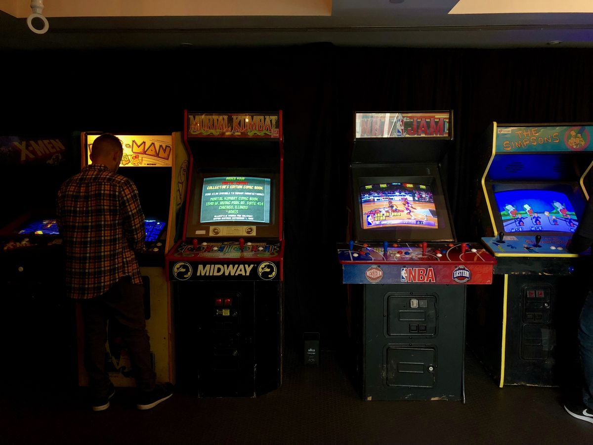 Classic arcade cabinets at Polygon’s SXSW 2018 arcade: X-Men, Pac-Man, Mortal Kombat, NBA Jam, and The Simpsons
