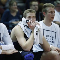 Brigham Young Cougars forward Kyle Davis (21) watches the closing minute during the WCC tournament in Las Vegas Monday, March 7, 2016. BYU lost 88-84.