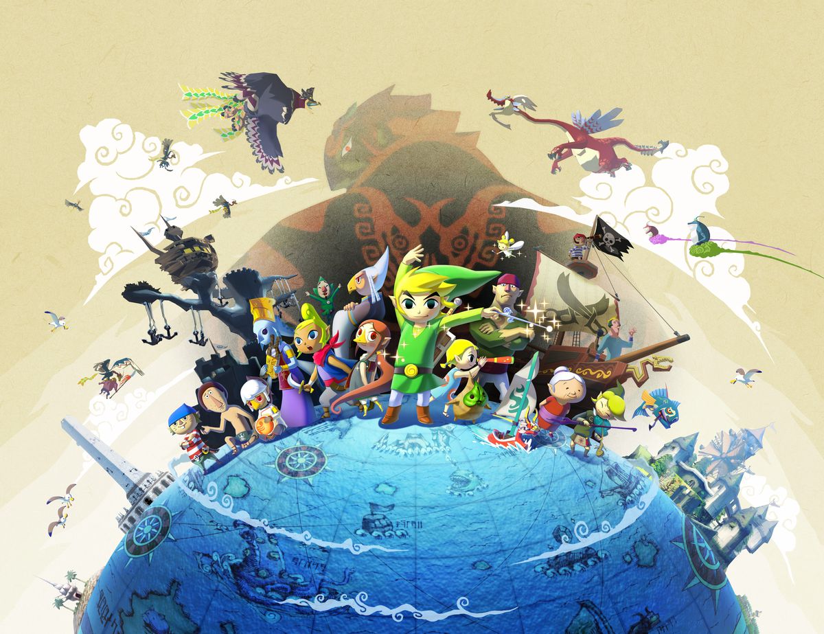 Link and a cast of characters stand on a globe, with Ganondorf looming behind. Link directs the wind with his baton in The Wind Waker