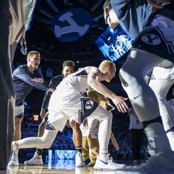 Brigham Young guard TJ Haws (30) is announced before the start of an NCAA college basketball game against Coppin State in Provo on Thursday, Nov. 17, 2016.