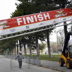 The finish line is constructed for tomorrow's Salt Lake City Marathon at Liberty Park in Salt Lake City on Friday, April 19, 2013.