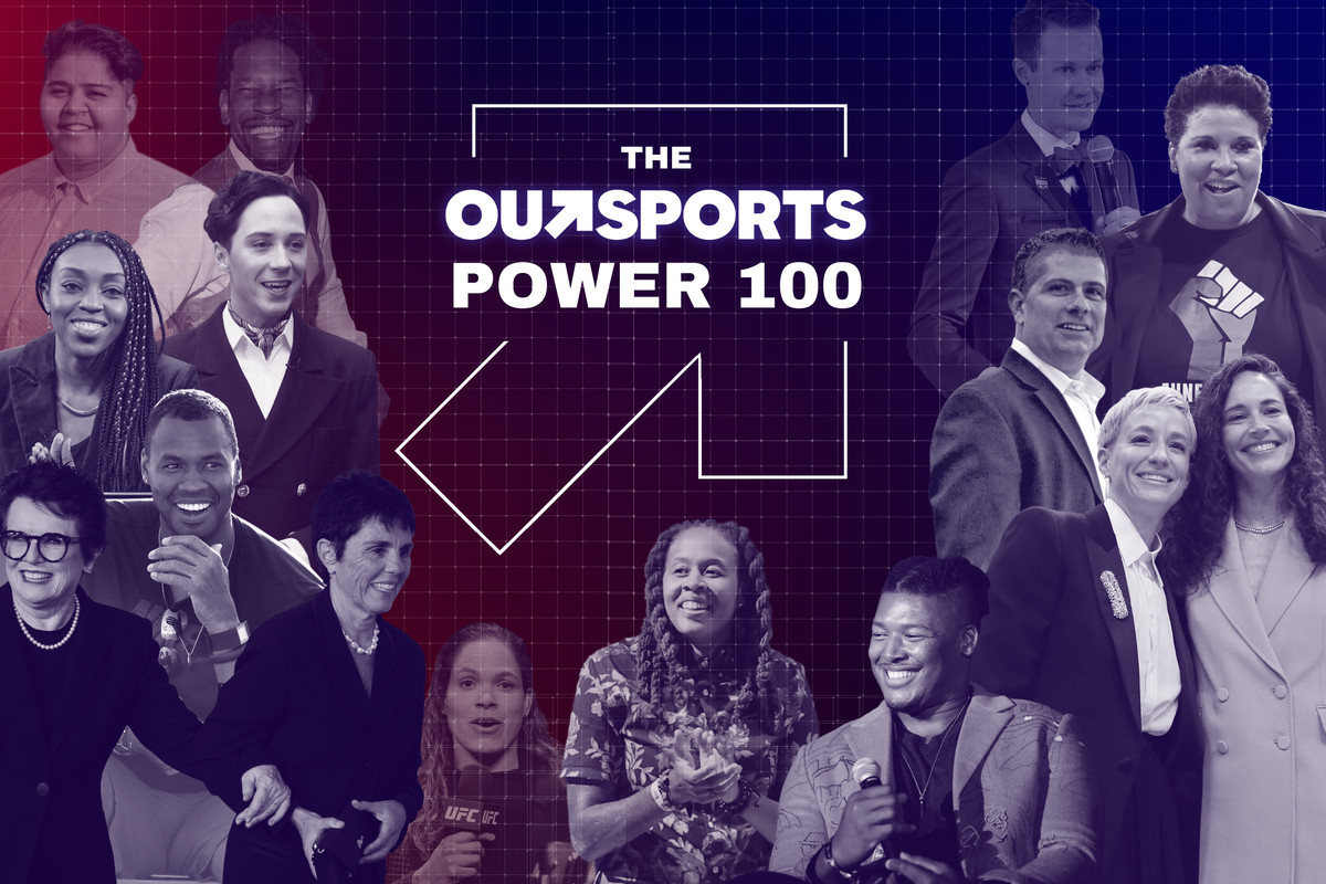 A photo collage showing honorees in the Outsports Power 100, the most influential LGBTQ people in sports.