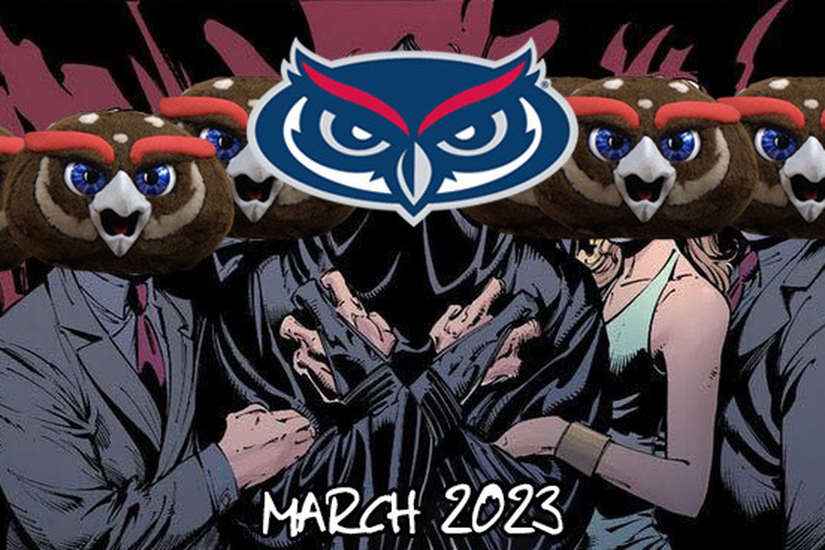 A reference to the Batman villain group, the Court of Owls, shown using the FAU logo as the faces for a group of people.