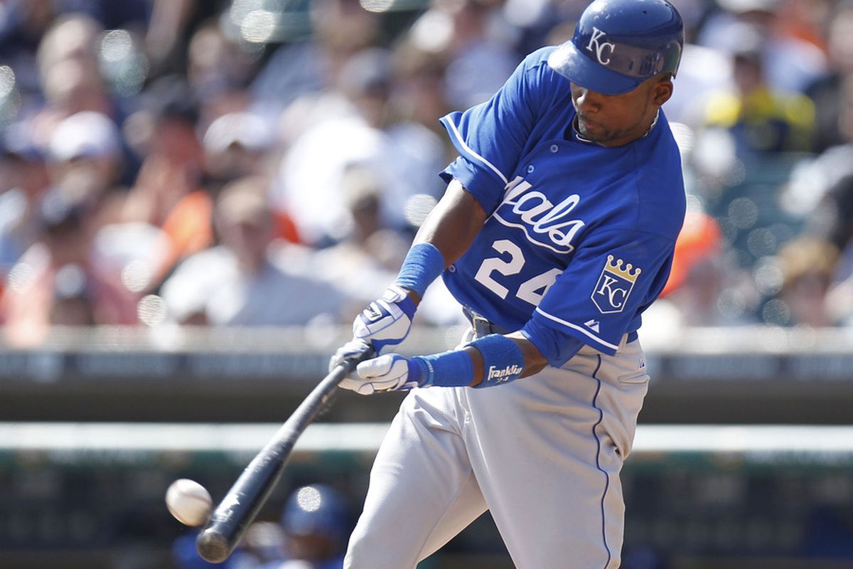 DETROIT, MI - APRIL 10:  Wilson Betemit #24 of the Kansas City Royals hits a seventh inning RBI double while playing the Detroit Tigers at Comerica Park on April 10, 2011 in Detroit, Michigan.  (Photo by Gregory Shamus/Getty Images)
