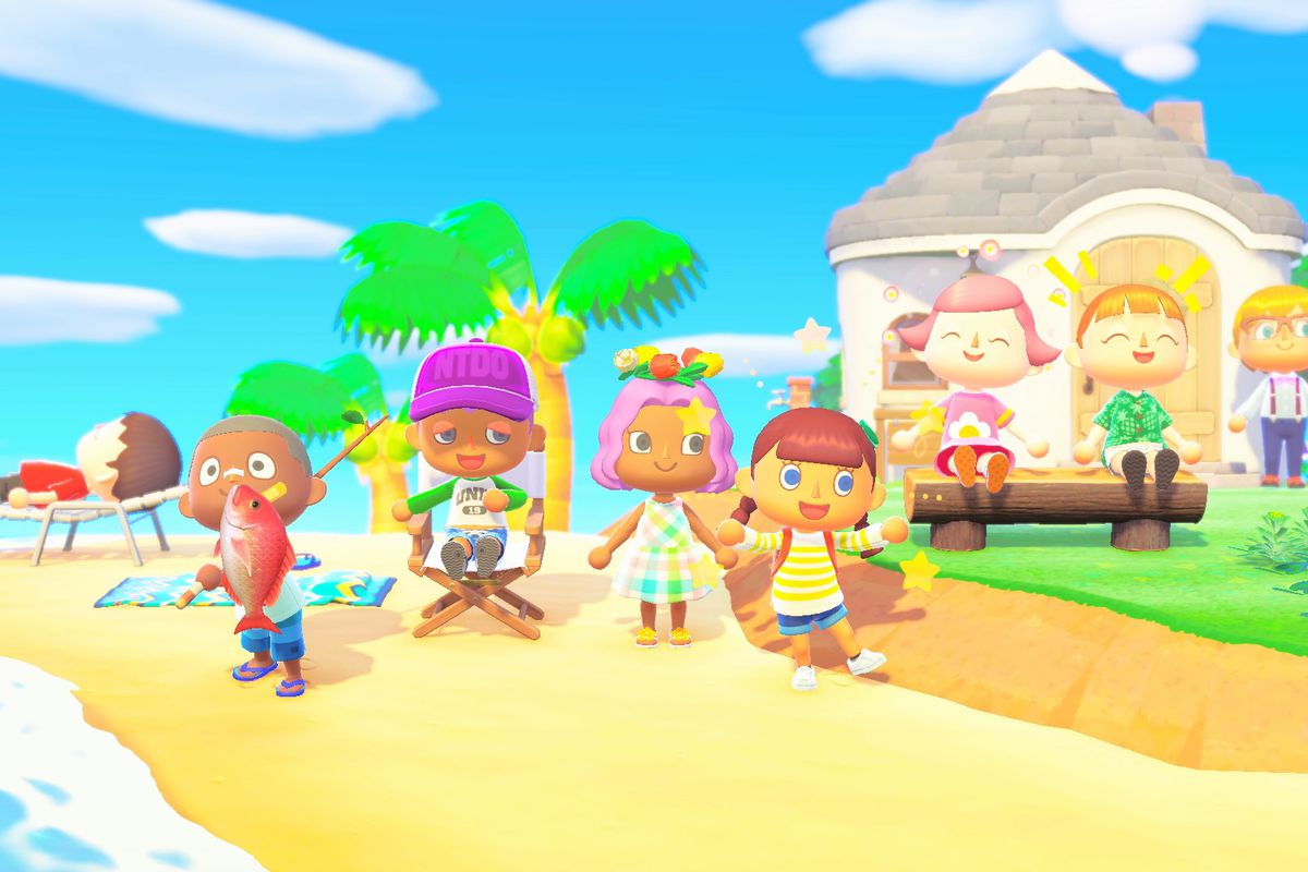 Multiple villagers hang out on a beach in a screenshot from Animal Crossing: New Horizons.