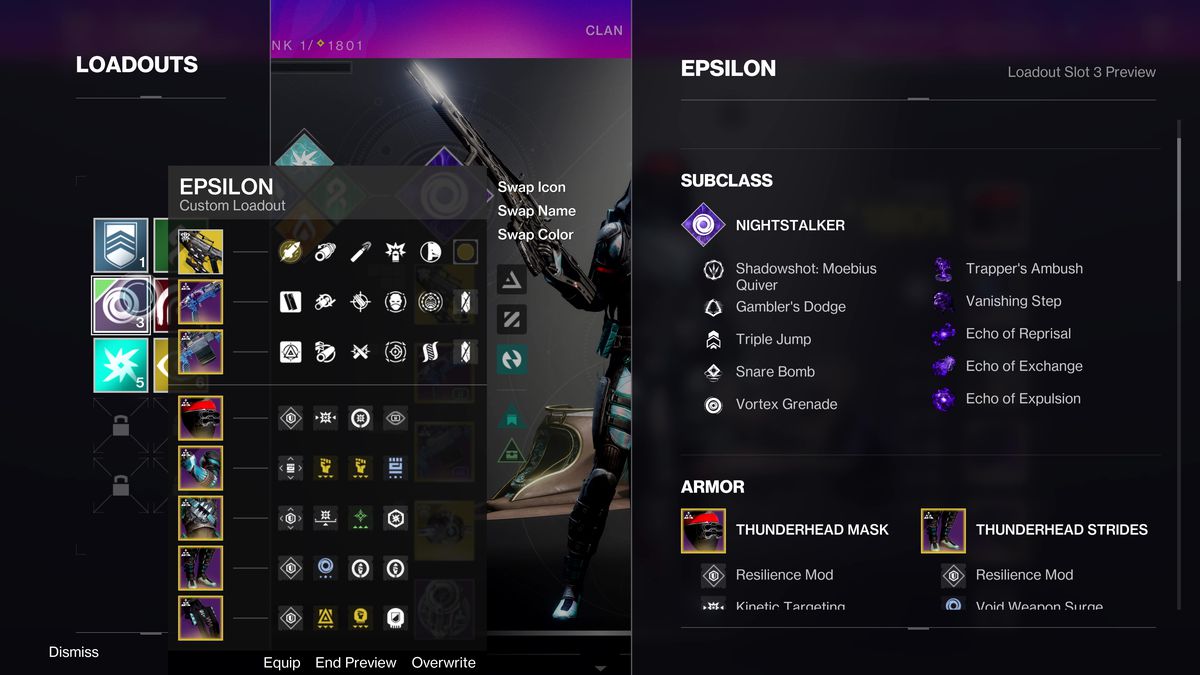 Destiny 2 inventory screen with the loadout menu appearing on the left side, with a detailed view of the selected loadout, including Subclass on the right