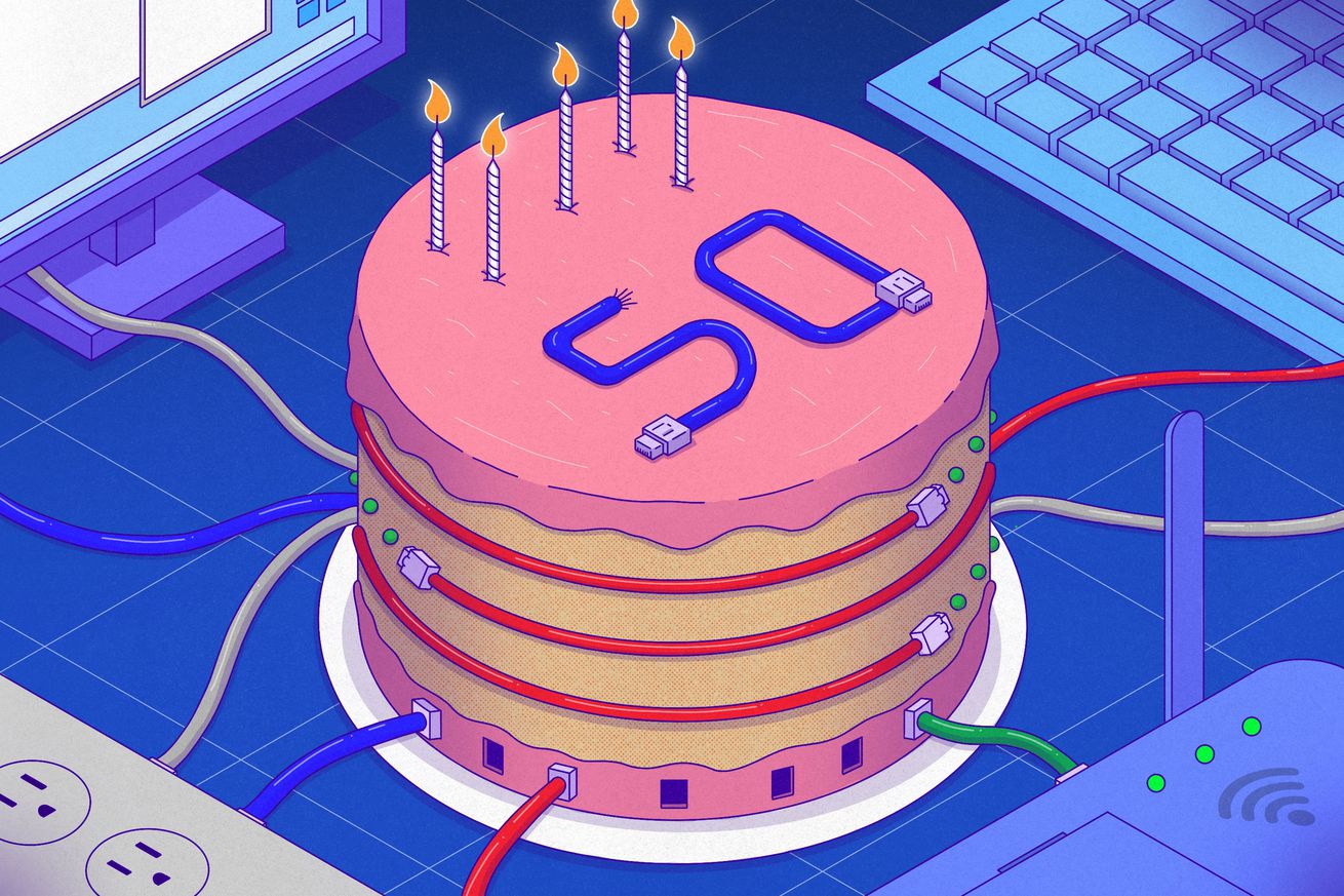 An illustrated birthday cake with the number fifty spelled out with ethernet cables, surrounded by a keyboard, WiFi router, computer monitor, and other ethernet cables.
