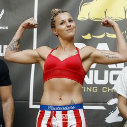 Britain Hart weighs in Friday at the Mississippi Coast Coliseum in Biloxi ahead of Bare Knuckle FC 2.