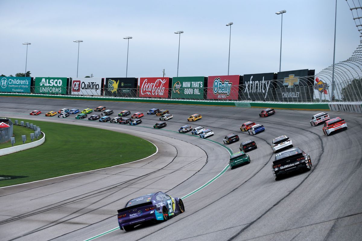 A general view of cars on track during the NASCAR Cup Series Quaker State 400 presented by Walmart at Atlanta Motor Speedway on July 11, 2021 in Hampton, Georgia.
