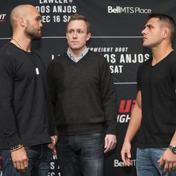 Robbie Lawler and Rafael dos Anjos face off at UFC on FOX 26 media day on Dec. 14 in Winnipeg, Manitoba, Canada.
