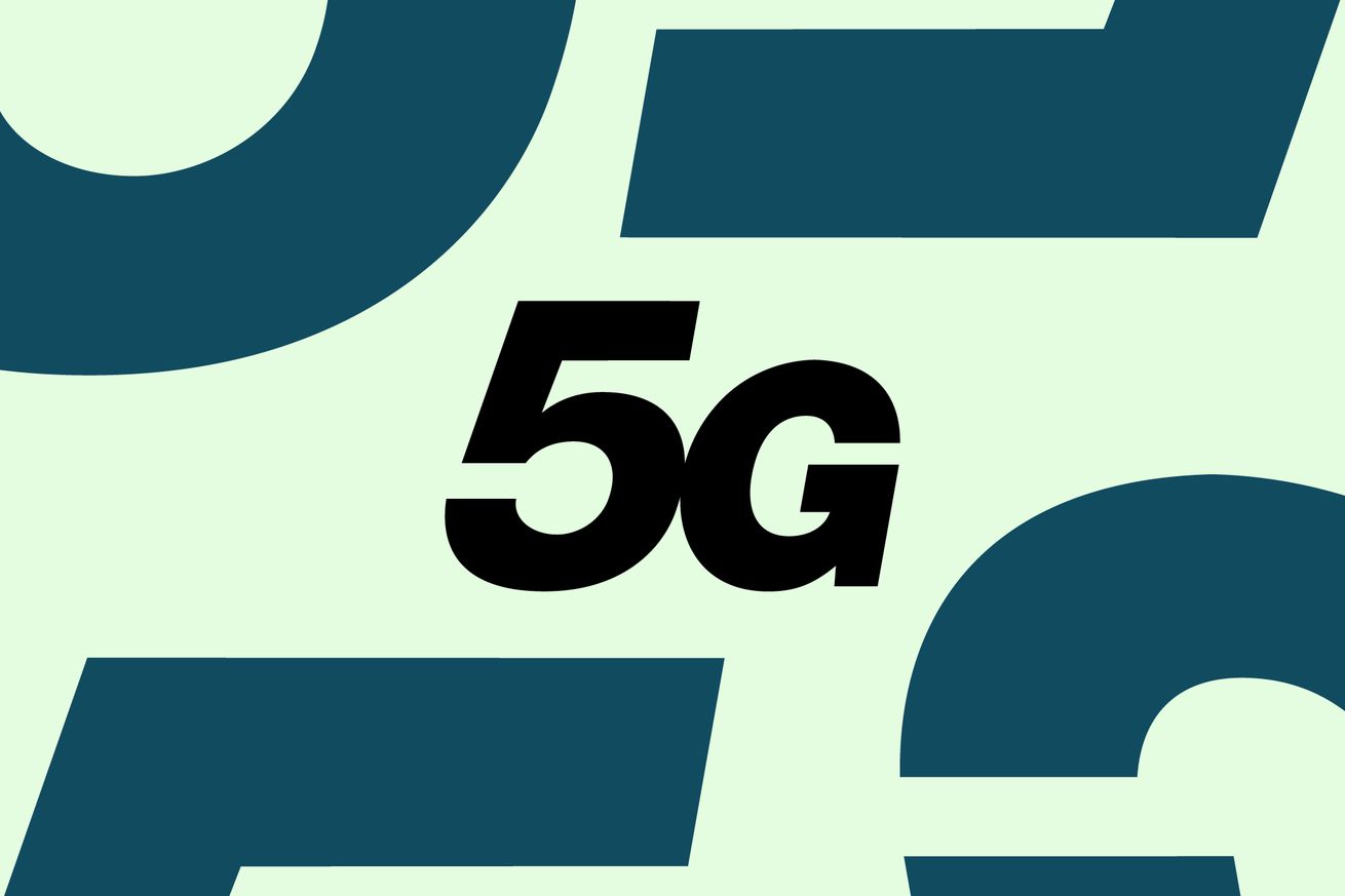 5G logo on an illustrated blue and green background.