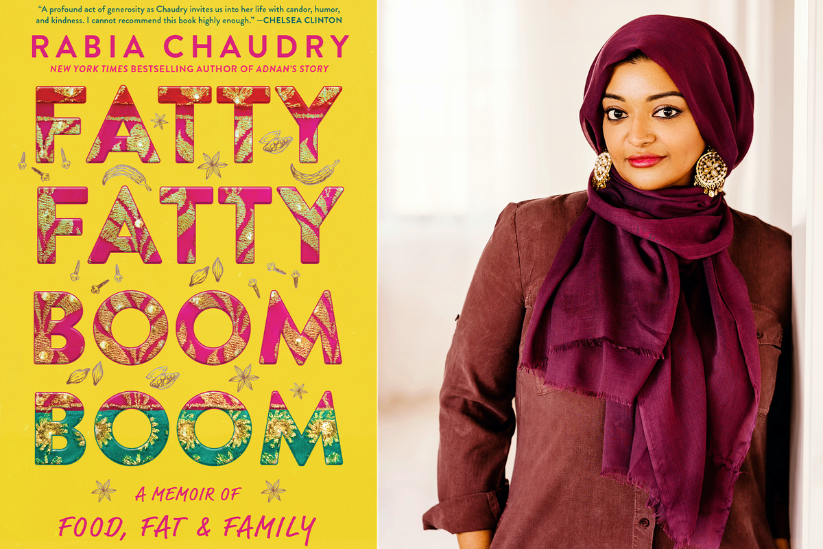 a side-by-side image showing the yellow book cover for Rabia Chaudry’s memoir Fatty Fatty Boom Boom: A Memoir of Food, Fat, and Family on the left; a headshot of author and lawyer Rabia Chaudry on the right