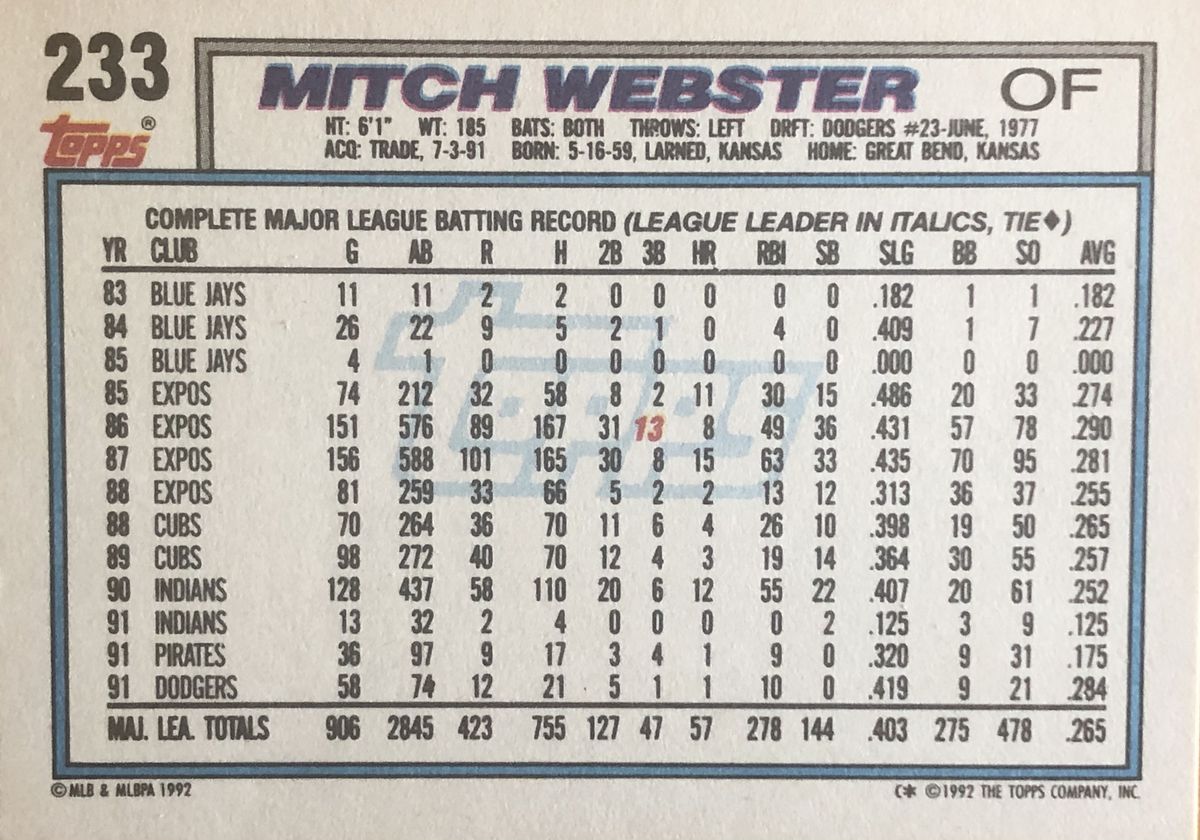 1992 Topps baseball card of Mitch Webster