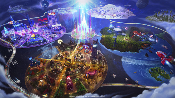 Screenshot from Disney Collab, showing what appears to be theme parks in Fortnite