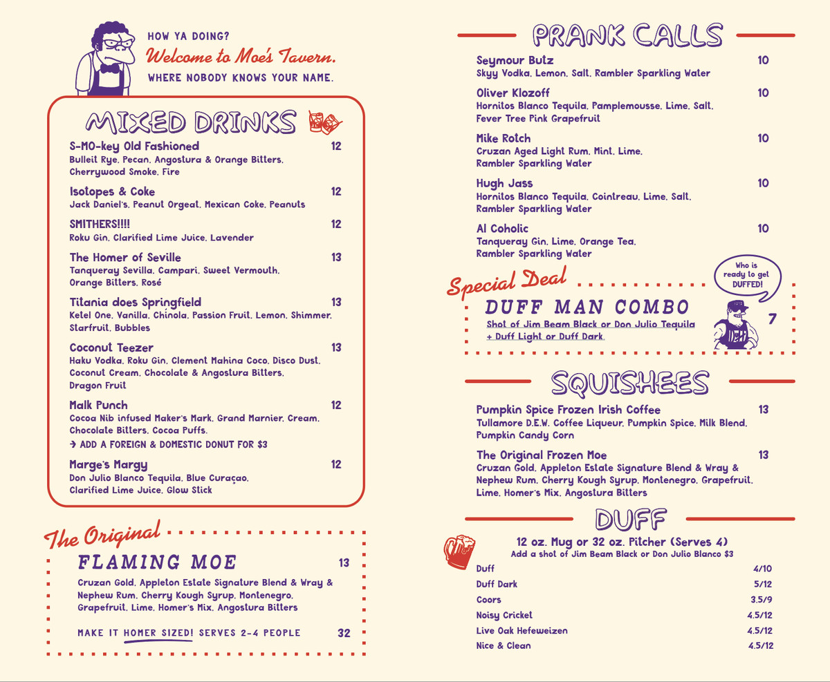 A cocktail menu for a bar with a lot of ‘Simpsons’ references. 
