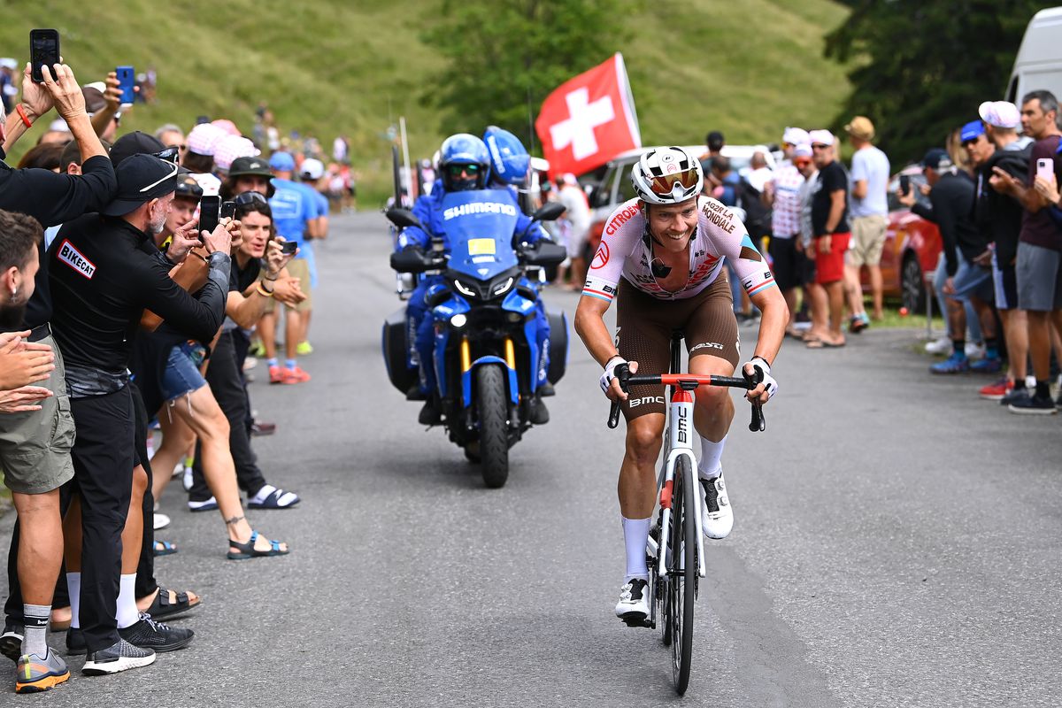 Bob Jungels of Luxembourg and AG2R Citröen Team competes in the breakaway while fans cheer during the 109th Tour de France 2022, Stage 9 a 192,9km stage from Aigle to Châtel les portes du Soleil 1299m / #TDF2022 / #WorldTour / on July 10, 2022 in Châtel les portes du Soleil, France.