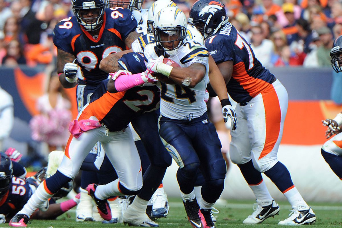 DENVER, CO - OCTOBER 9: Ryan Mathews #24 The San Diego Chargers runs the ball against the Denver Broncos at Sports Authority Field at Mile High on October 9, 2011 in Denver, Colorado.  (Photo by Bart Young/Getty Images)