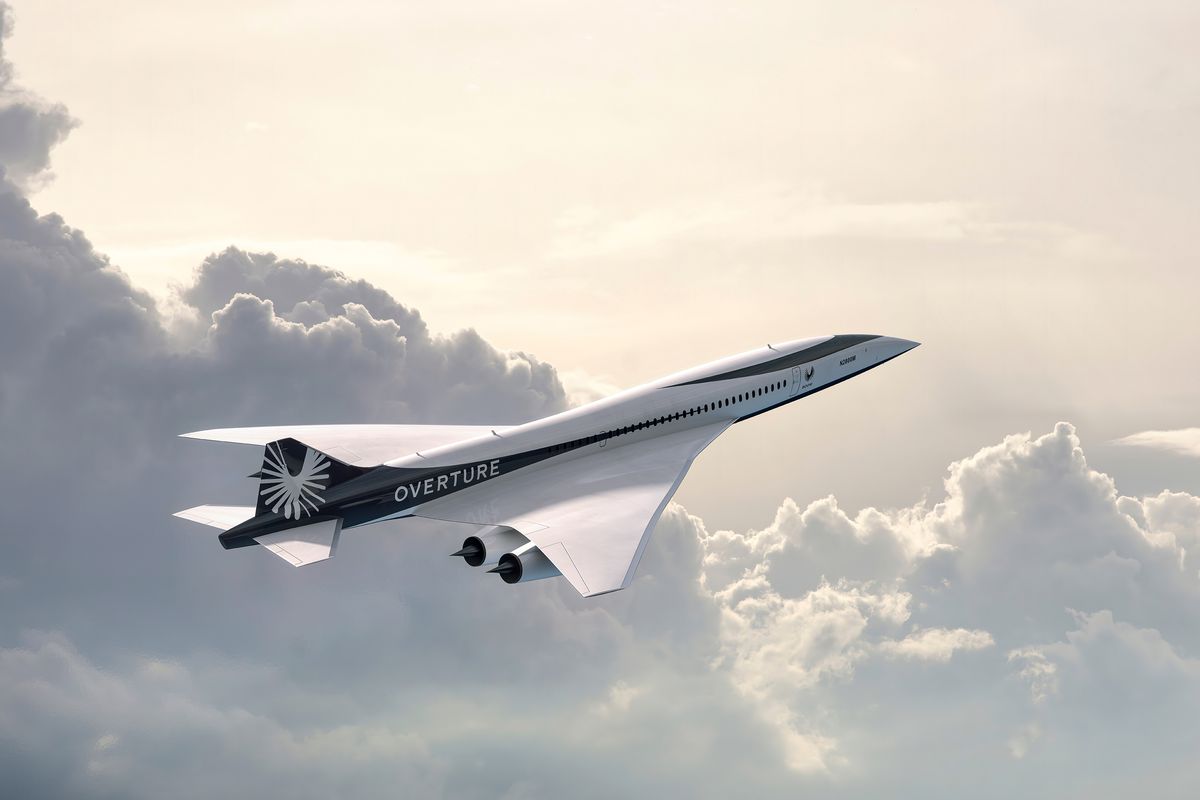 A drawing of what a Boom supersonic jet would look like flying through sunlit clouds.