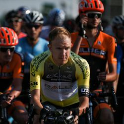 Race leader Robert Britton, a Canadian with Rally Cycling, and other cyclists line up for the start of Stage 4 of the Tour of Utah in South Jordan on Thursday, Aug. 3, 2017.