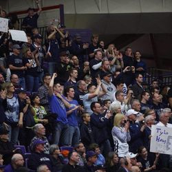 Fans cheer after Tyler Haws passed Jimmer Fredette as BYU's all-time leading scorer Thursday, Feb. 26, 2015, in the Cougars' game against the University of Portland at the Chiles Center.