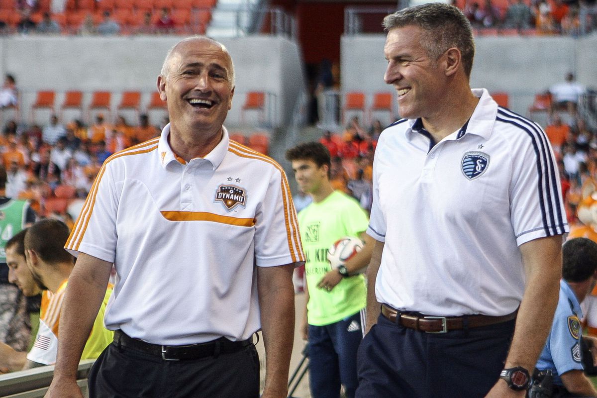 That must have been one heck of a joke from Peter Vermes to get Dominic Kinnear to smile. Goodness knows Houston's performances have been anything but smile-worthy as of late.