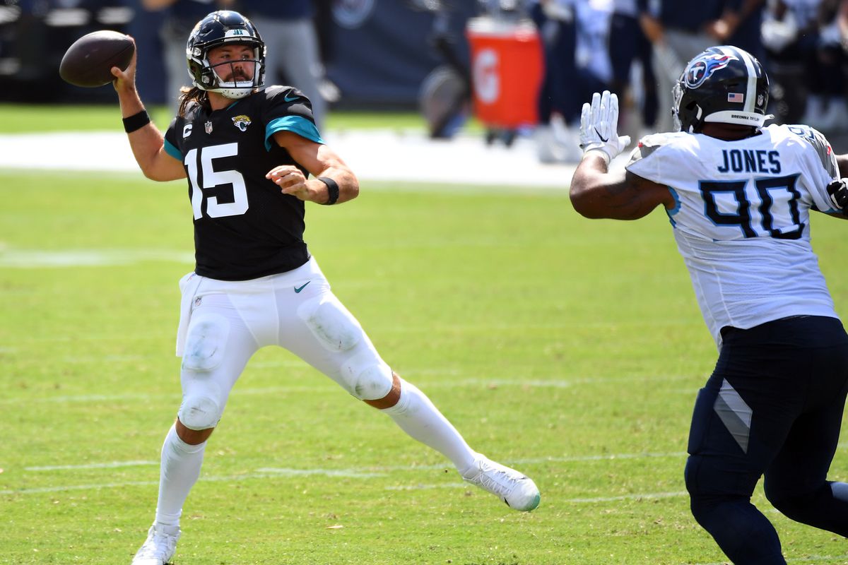 Jacksonville Jaguars quarterback Gardner Minshew attempts a pass during the first half against the Tennessee Titans at Nissan Stadium.