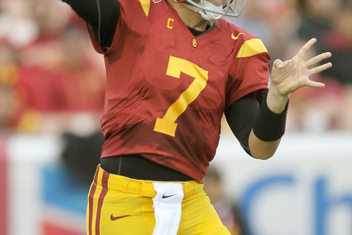LOS ANGELES, CA - NOVEMBER 12:  Quarterback Matt Barkley #7 of the USC Trojans  throws a pass against the Washington Huskies at the Los Angeles Memorial Coliseum on November 12, 2011 in Los Angeles, California.  (Photo by Stephen Dunn/Getty Images)