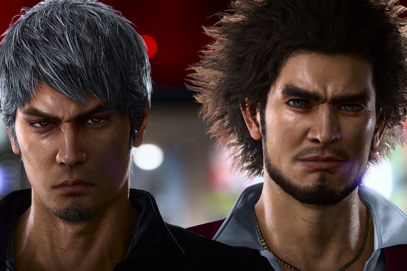 Promotional screenshot for Yakuza 8 featuring close-ups of the two male protagonists: Kazuma Kiryu (left) and Ichiban Kasuga (right).