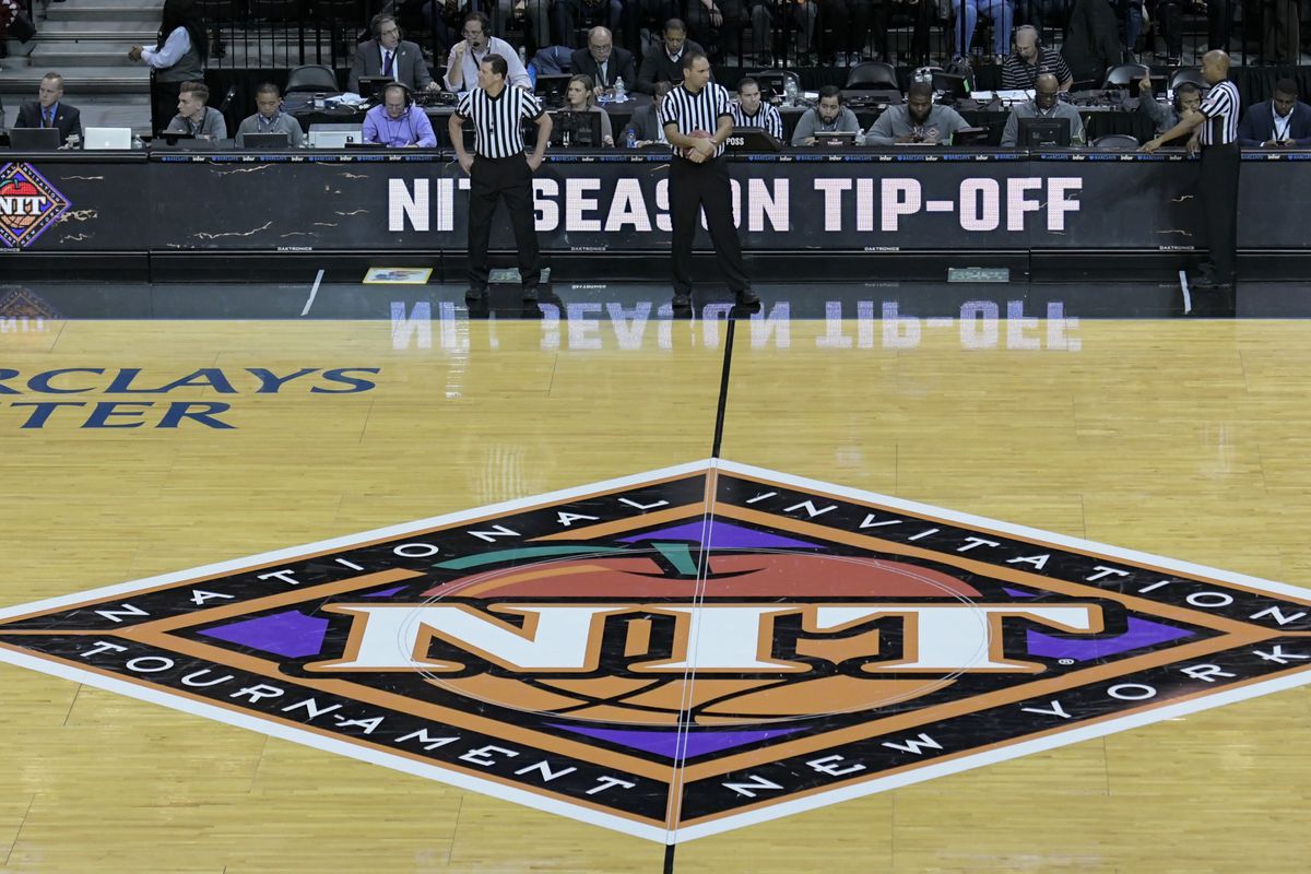 The NIT Tournament logo on the floor at the Barclays Center during the NIT Season Tip-Off on Nov. 21, 2018 in the Brooklyn borough of New York City.