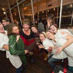 Team Momofuku Milk Bar (with Christina Tosi at left) get crazy with Food & Wine's Kate Krader (in green jacket). 