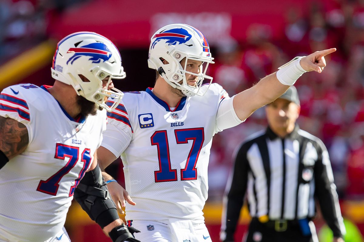Buffalo Bills quarterback Josh Allen (17) points out a defensive position during the game between the Kansas City Chiefs and the Buffalo Bills on Sunday October 16, 2022 at Arrowhead Stadium in Kansas City, MO.