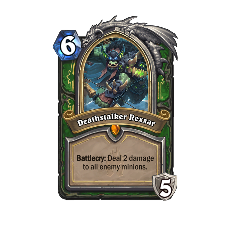 This Hearthstone card is titled Deathstalker Rexxar. It is a six-mana cost hero card that provides five armor and with a battlecry of dealing two damage to all enemy minions.