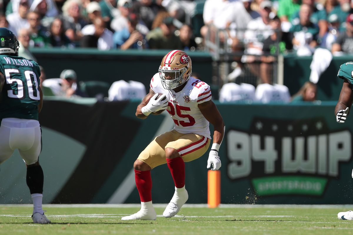 Elijah Mitchell #25 of the San Francisco 49ers rushes during the game against the Philadelphia Eagles at Lincoln Financial Field on September 19, 2021 in Philadelphia, Pennsylvania. The 49ers defeated the Eagles 17-11.