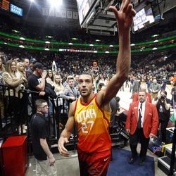 Utah Jazz center Rudy Gobert (27) celebrates as he leaves the court following an NBA basketball game against the Sacramento Kings, Saturday, March 17, 2018, in Salt Lake City. (AP Photo/Rick Bowmer)