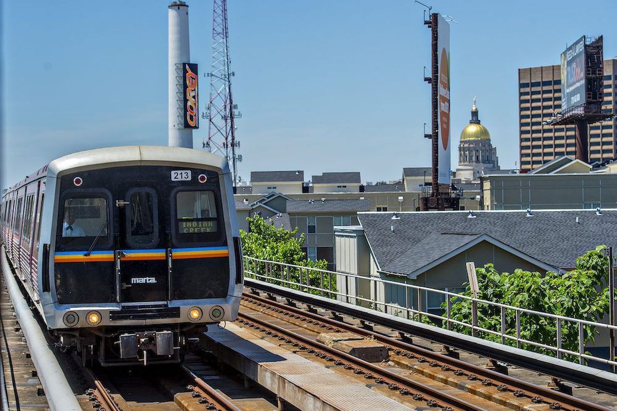 A Marta train leaves downtown Atlanta headed east in this photo.