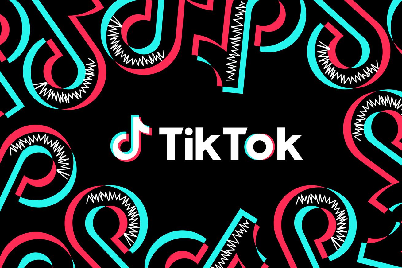 TikTok name logo on a black background with repeating pink and aqua colored logos