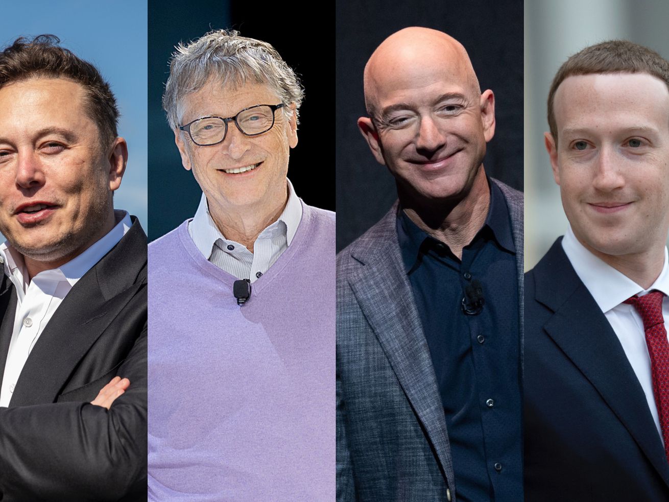 Photos of Elon Musk, Bill Gates, Jeff Bezos and Mark Zuckerberg.