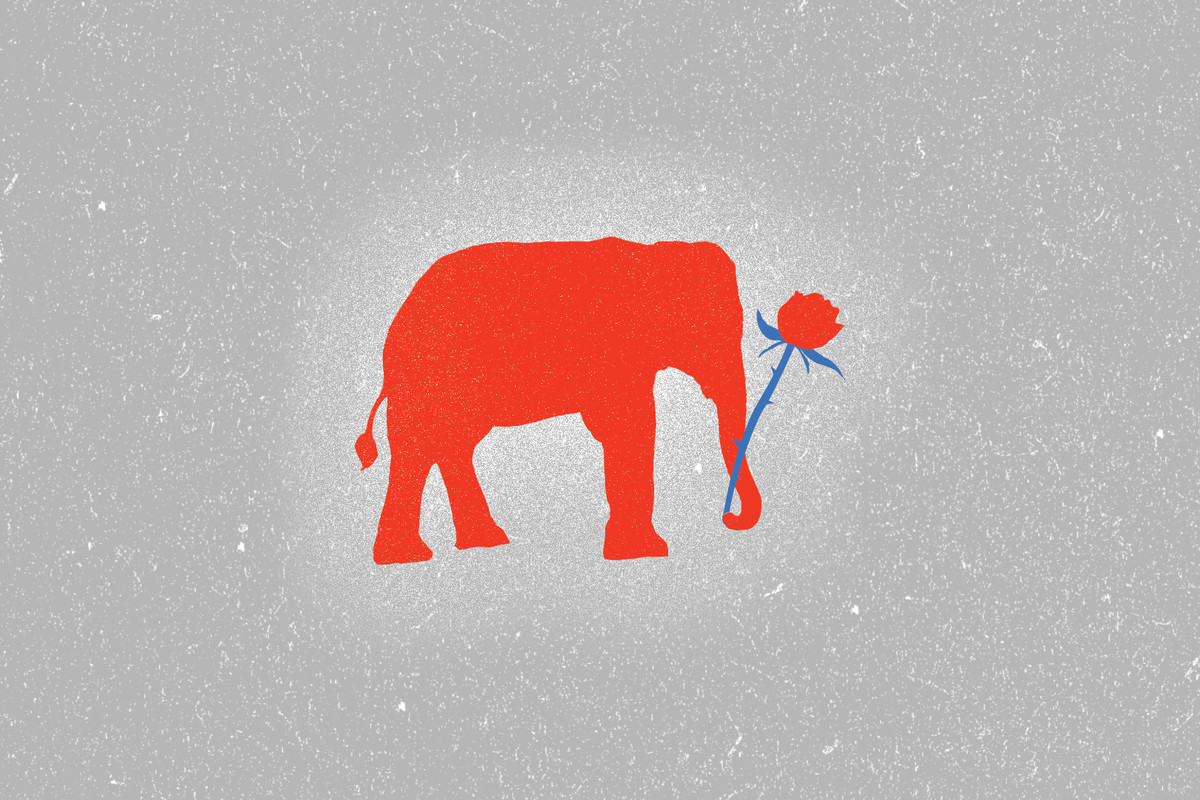 A red elephant holds a single red rose.