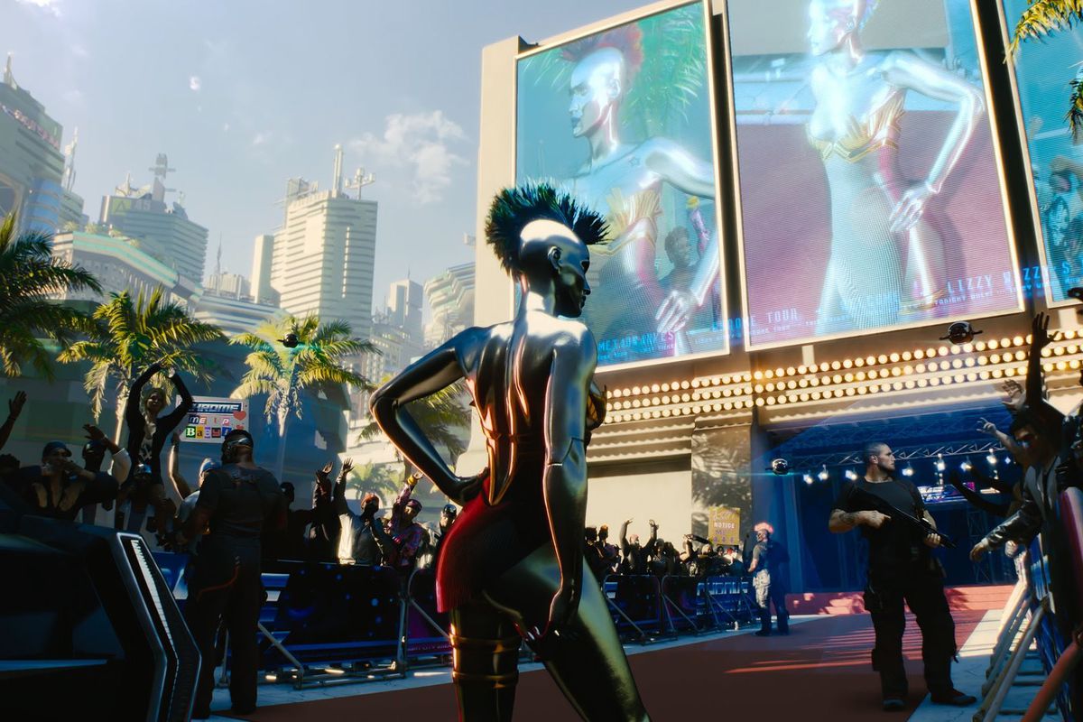 Lizzy Wizzy shown in Cyberpunk 2077. Her body is entirely chromed out.
