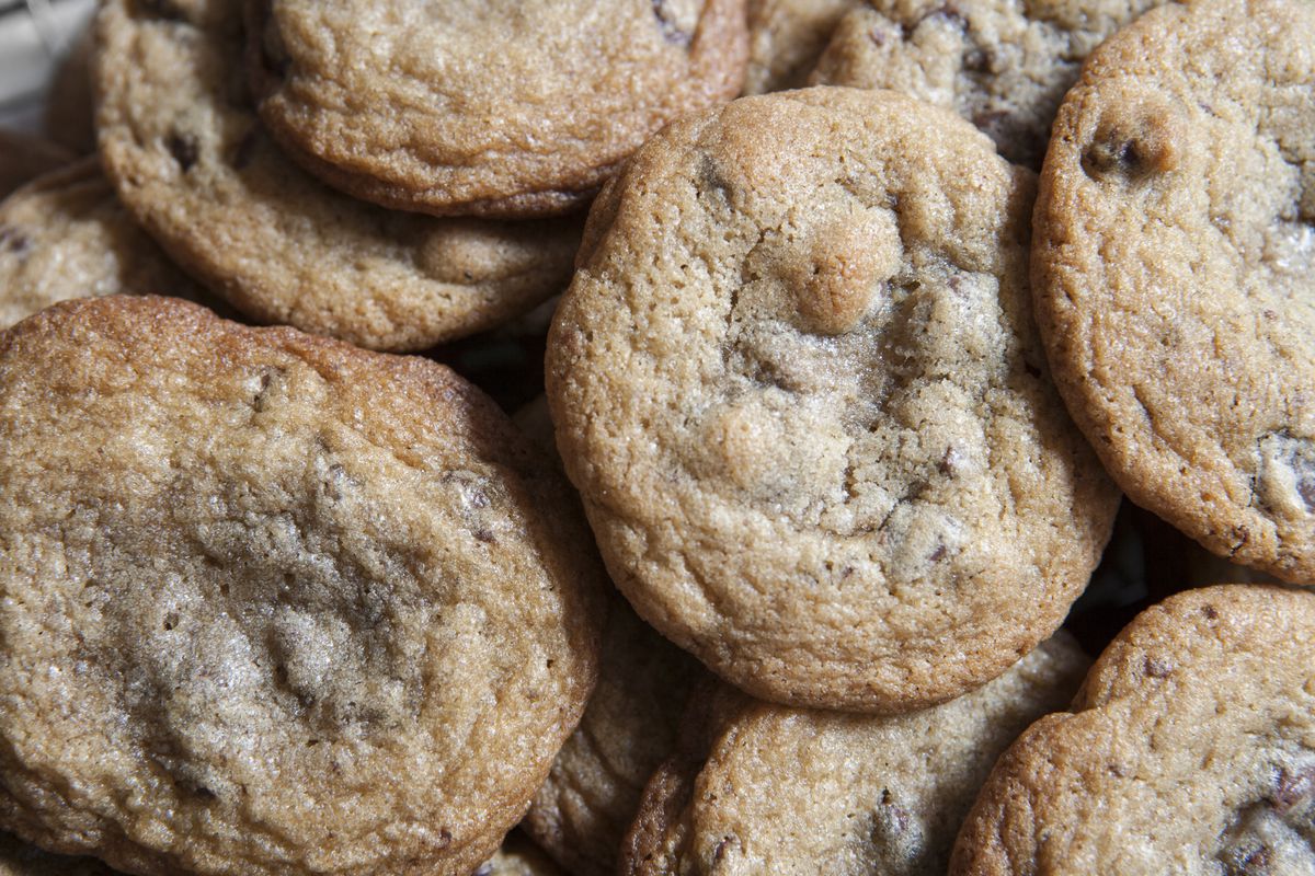 close-up of a pile of chocolate chip cookies 