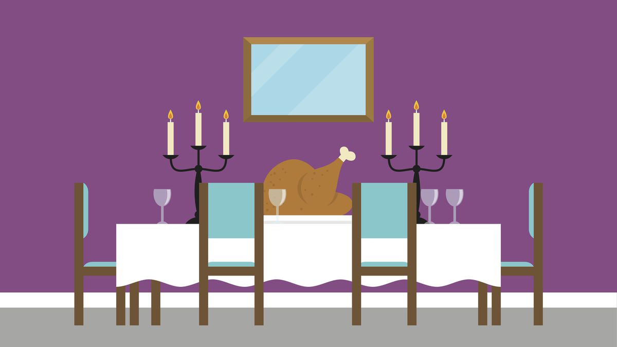 Illustration of a formal dining room with a turkey on the table.