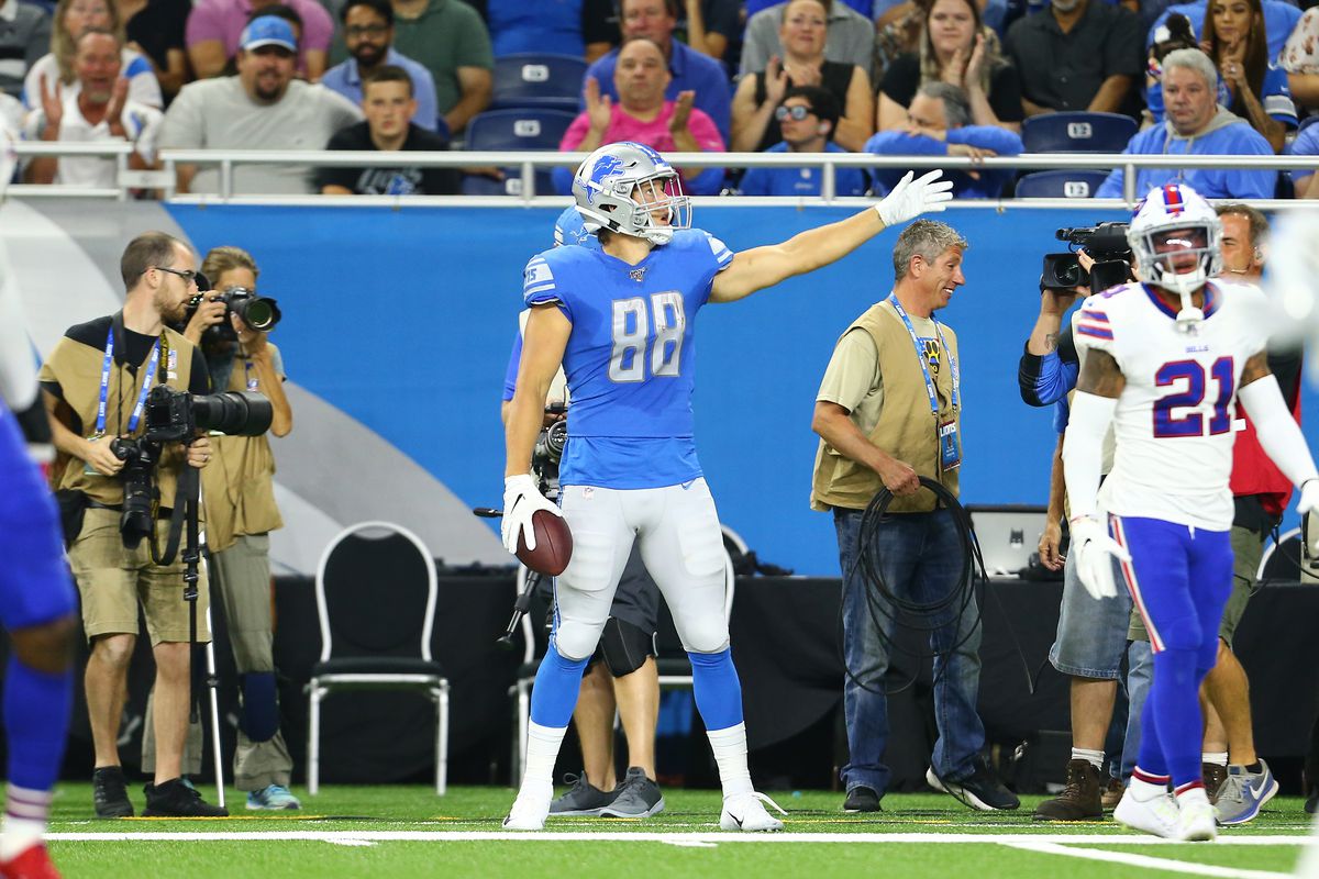 T. J. Hockenson #88 of the Detroit Lions celebrates his catch for the first down during the preseason game at Ford Field on August 23, 2019 in Detroit, Michigan.