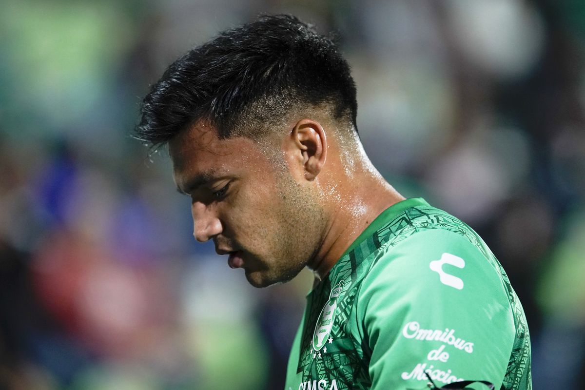Eduardo Aguirre of Santos reacts after receiving a red card during the 1st round match between Santos Laguna and Tigres UANL as part of the Torneo Clausura 2023 Liga MX at Corona Stadium on January 8, 2023 in Torreon, Mexico.