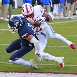 The SMU Mustangs take on the UConn Huskies in a college football game at Pratt & Whitney Stadium at Rentschler Field in East Hartford, CT on September 15, 2018.