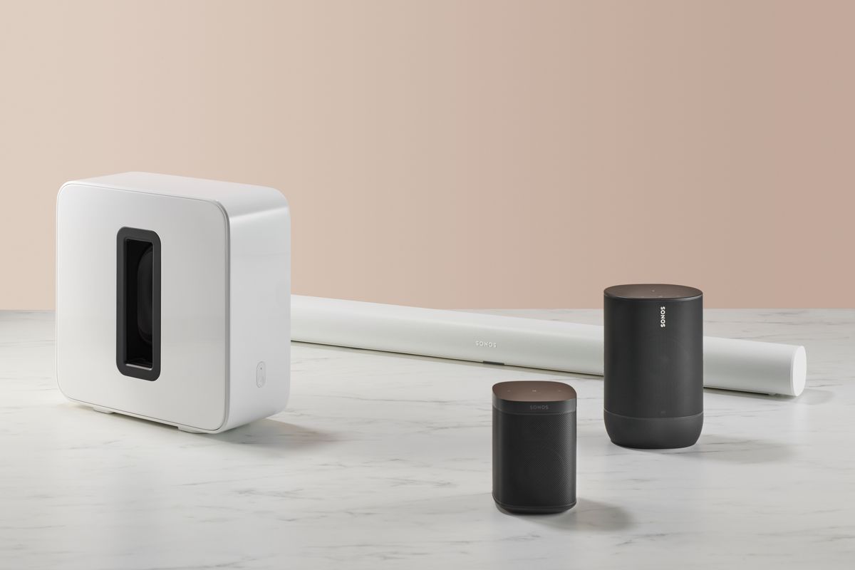 A group of Sonos wireless speakers, including Arc, Sub, Move and One models taken on September 28, 2020.&nbsp;