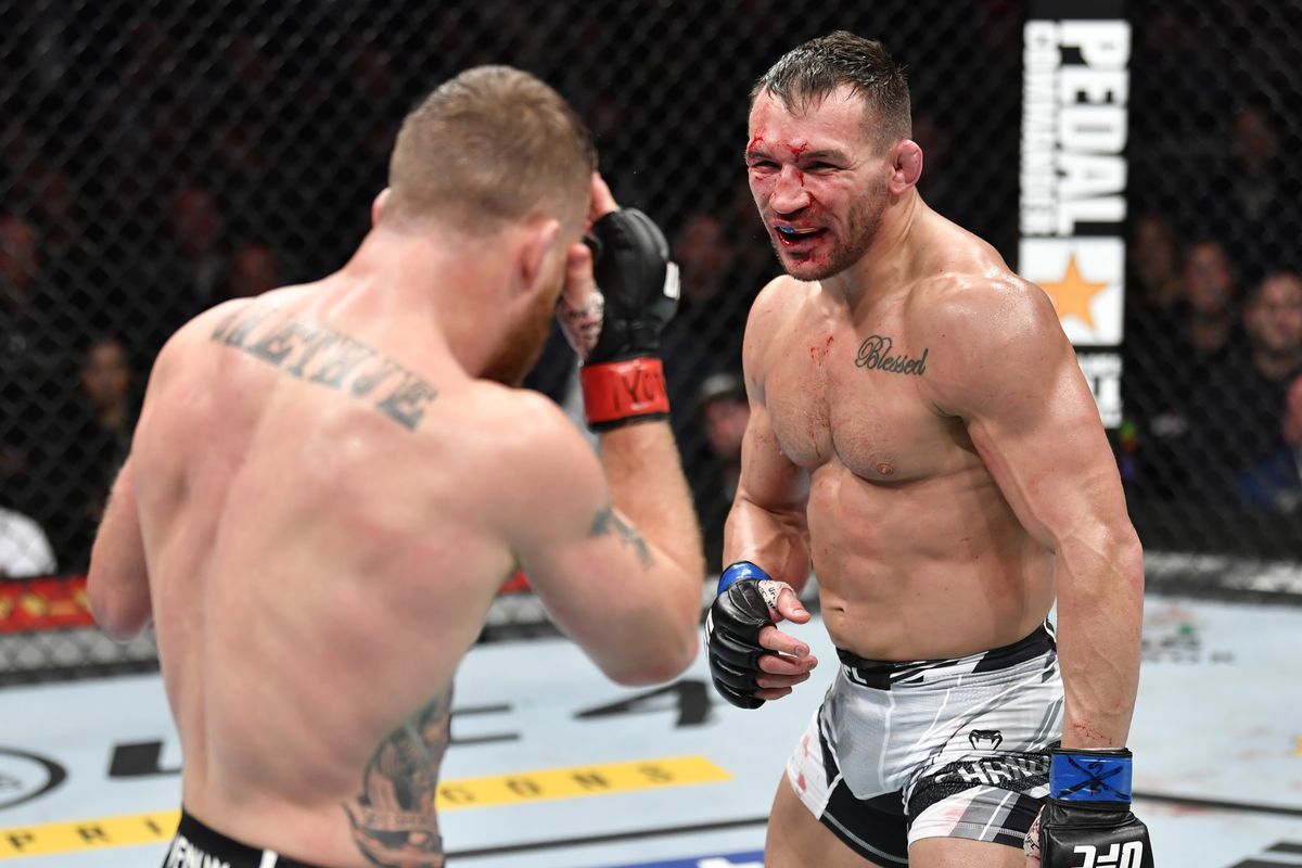 Michael Chandler battles Justin Gaethje in their lightweight fight during the UFC 268 event at Madison Square Garden on November 06, 2021 in New York City.