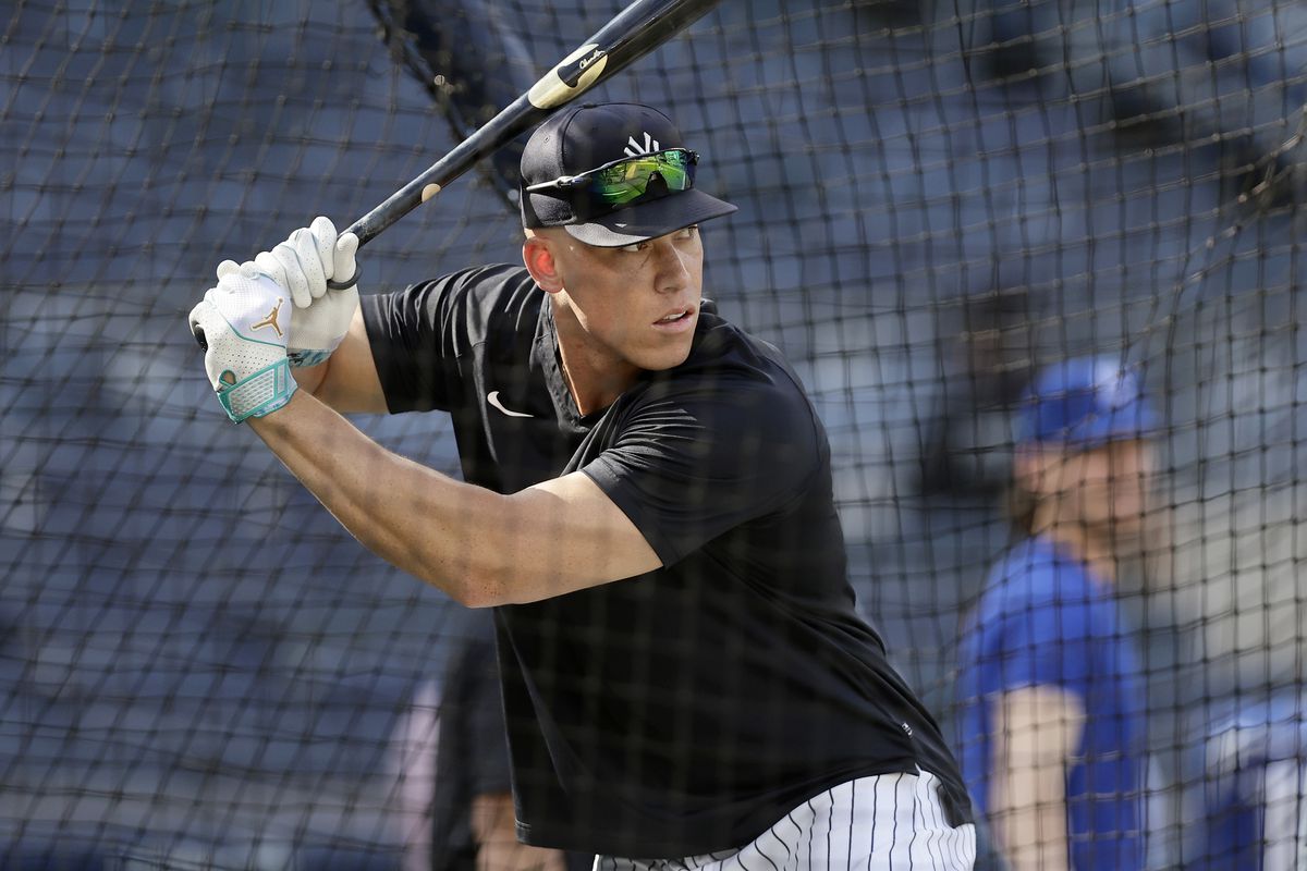 Aaron Judge #99 of the New York Yankees takes batting practice before a game against the Kansas City Royals at Yankee Stadium on July 21, 2023 in Bronx borough of New York City.