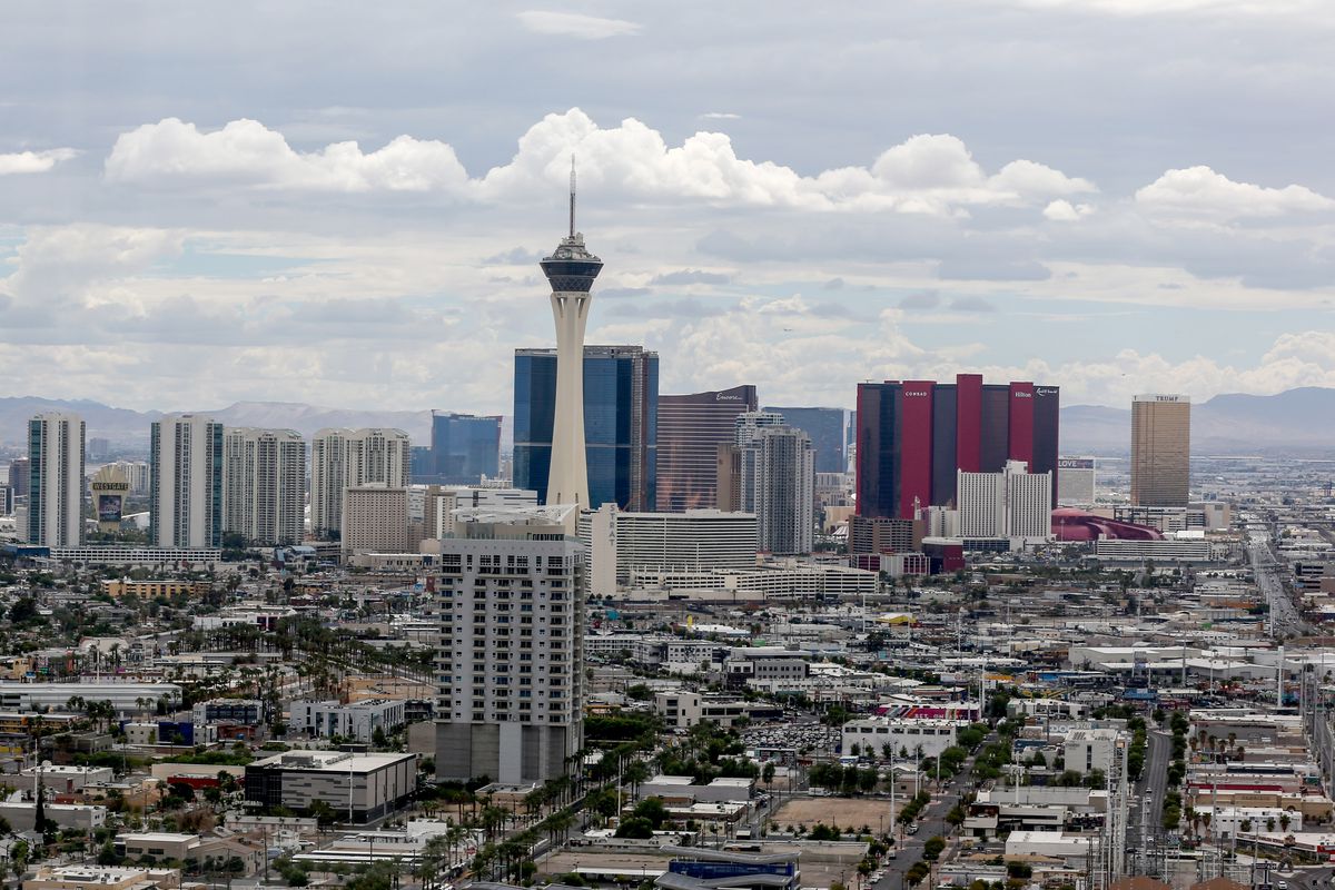 General view of the Las Vegas strip from the northern end of the strip. In 2021 Las Vegas had 32.2 million visitors making it one of the most traveled cities in the United States.
